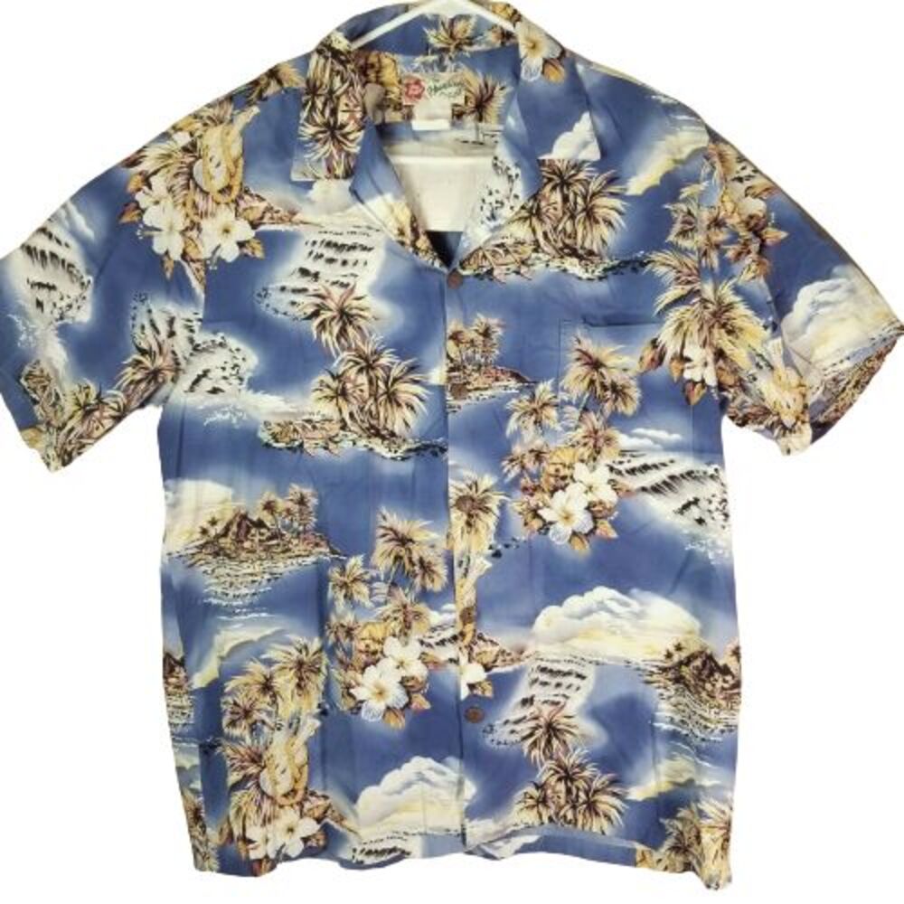 Hilo Hattie Hawaiian Shirt Mens Extra Large Short Sleeve Camp Aloha Palms USA